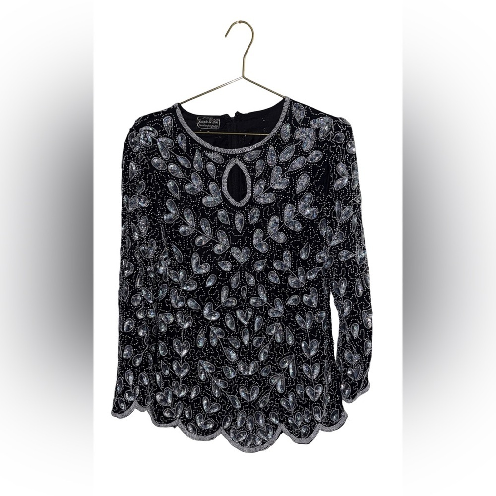 Vintage 80's Joseph Le Bon Black Silver Fully Beaded Blouse Size Medium P2P 20"
